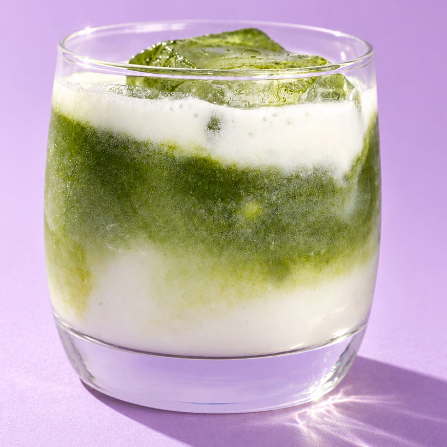 Iced matcha latte in a glass on a lavender background